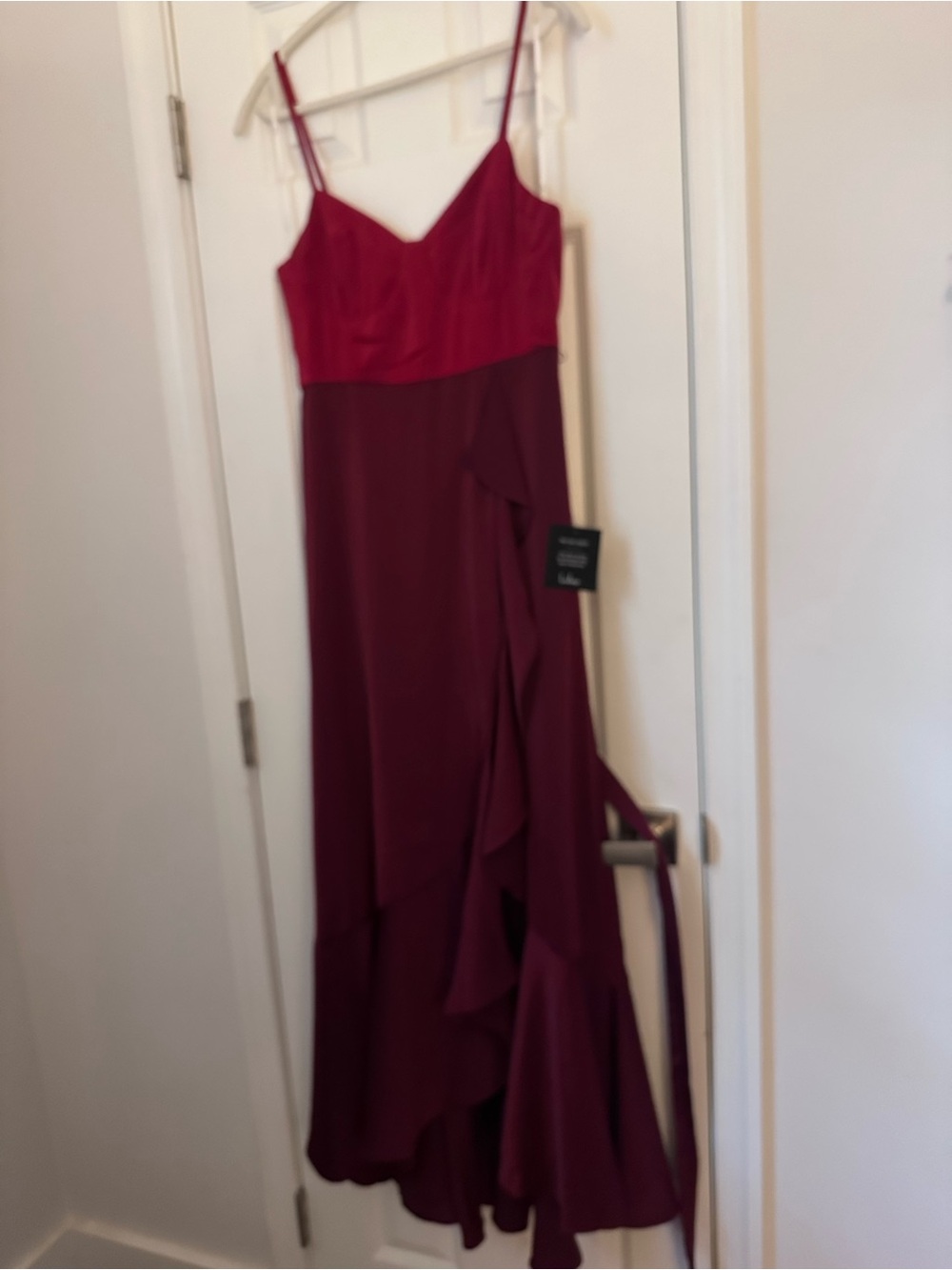 Lulu's Two-Tone Burgundy & Wine Ruffle Maxi Dress